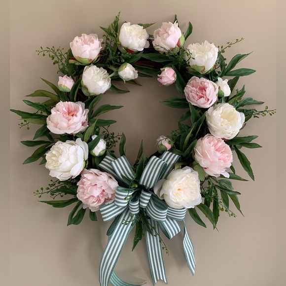 HAND CRAFTED Everyday Door Wreath with Pink and White Peonies - Picture 9 of 9